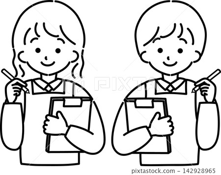 A person wearing an apron and holding a clipboard (line drawing) A person wearing an apron and holding a clipboard (line drawing) 142928965