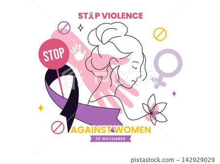 Stop Violence Against Women Vector Illustration Featuring Women's Rights, Gender Equality, Safety, Awareness, Empowerment, and Anti Violence Campaign 142929029