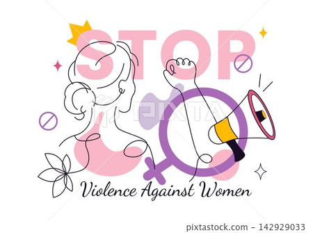 Stop Violence Against Women Vector Illustration Featuring Women's Rights, Gender Equality, Safety, Awareness, Empowerment, and Anti Violence Campaign 142929033