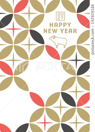 時尚的新年賀卡模板,以七寶(七寶)圖案為特色,迎接2027年羊年。 時尚的新年賀卡模板,以七寶(七寶)圖案為特色,迎接2027年羊年。 142929188