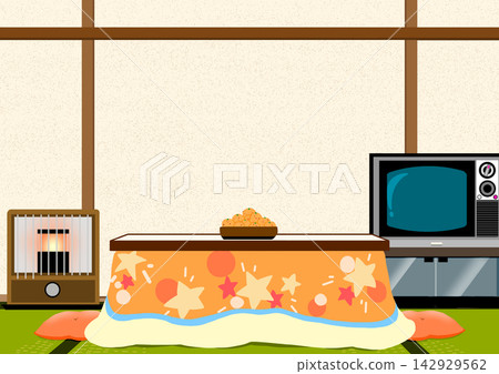 Japanese-style room with a kotatsu (heated table) 142929562