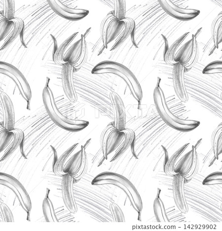 A banana in a seamless pencil pattern with hatching in the background. Ideal for smoothie bar menus, banana chip packaging, fitness club branding, children's book designs, and sketchbooks. 142929902