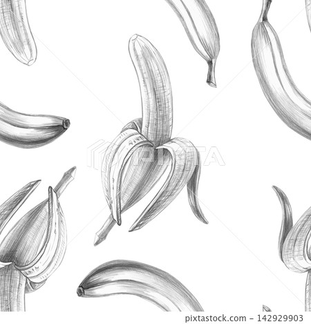 A peeled banana in a seamless pencil pattern. Ideal for smoothie bar menus, banana chip packaging, fitness club branding, children's book design, sketchbooks, and eco-textiles. A peeled banana in a seamless pencil pattern. Ideal for smoothie bar menus, banana chip packaging, fitness club branding, children's book design, sketchbooks, and eco-textiles. 142929903