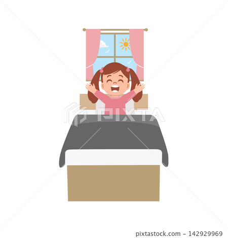 a cheerful young girl waking up in the morning a cheerful young girl waking up in the morning 142929969