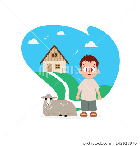 a happy young boy standing beside a resting sheep in a countryside a happy young boy standing beside a resting sheep in a countryside 142929970