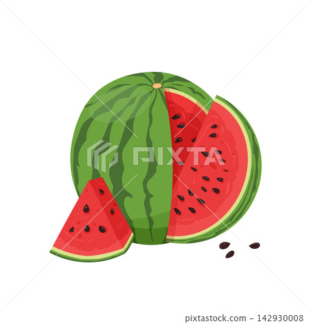 Watermelon whole with slices and black seeds. Cartoon ripe red flesh inside watermelon Watermelon whole with slices and black seeds. Cartoon ripe red flesh inside watermelon 142930008