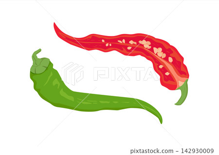 Red and green chilli spicy peppers. Whole pepper and half sliced with seeds on white background Red and green chilli spicy peppers. Whole pepper and half sliced with seeds on white background 142930009
