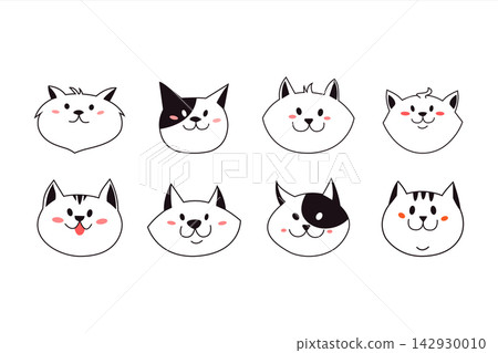 Cute cat faces set. Funny kitty pet heads. Line drawing Cute cat faces set. Funny kitty pet heads. Line drawing 142930010