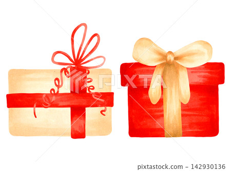 Red and brown gift box adorned with a bow. Watercolor illustration. Hand-drawn artwork. Perfect for New Year and holiday designs, greeting cards and invitations for Christmas and the winter holidays. Red and brown gift box adorned with a bow. Watercolor illustration. Hand-drawn artwork. Perfect for New Year and holiday designs, greeting cards and invitations for Christmas and the winter holidays. 142930136