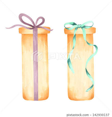 Gift bag and a box decorated with a bow. Watercolor illustration. Hand-drawn artwork. Suitable for New Year and holiday designs, greeting cards and invitations for Christmas and winter holidays. 142930137