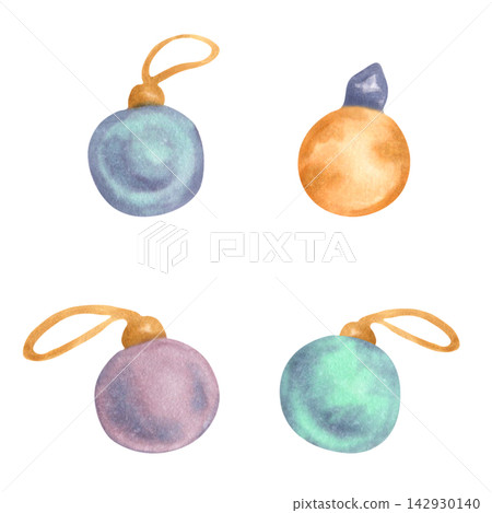 Set of watercolor Christmas tree balls. Hand-drawn holiday decorations for the New Year. Clip art of winter toys in blue, brown, purple, turquoise tones. For cards, invitations, packaging. Set of watercolor Christmas tree balls. Hand-drawn holiday decorations for the New Year. Clip art of winter toys in blue, brown, purple, turquoise tones. For cards, invitations, packaging. 142930140