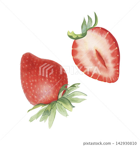 Fresh strawberries, whole and half. Hand-painted watercolor illustration isolated on white for food advertising, posters, menu, recipe books, branding, logo, label, textile, editorial, rustic design Fresh strawberries, whole and half. Hand-painted watercolor illustration isolated on white for food advertising, posters, menu, recipe books, branding, logo, label, textile, editorial, rustic design 142930810