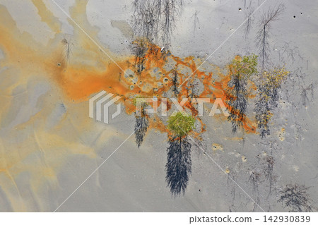 Aerial view of abstract mining pattern, nature pollution, colorful decanting lake Aerial view of abstract mining pattern, nature pollution, colorful decanting lake 142930839