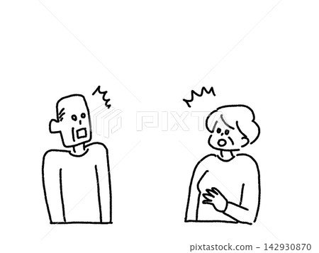 一位老年男子和一位老年女子，驚訝和震驚地睜大了眼睛（線條畫） 142930870