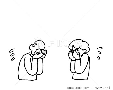 An elderly man and woman crying with their faces hidden, overwhelmed with sadness (line drawing) An elderly man and woman crying with their faces hidden, overwhelmed with sadness (line drawing) 142930871