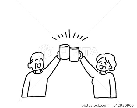 A line drawing of an elderly man and woman smiling and toasting with beer mugs and beer. A line drawing of an elderly man and woman smiling and toasting with beer mugs and beer. 142930906