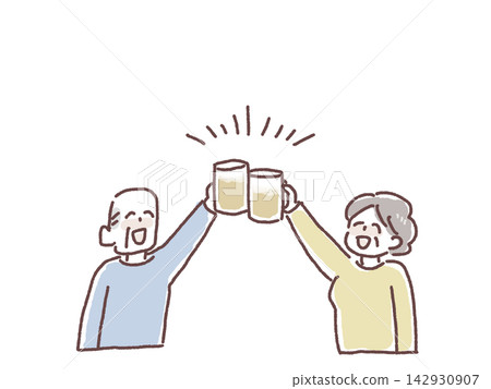 A smiling elderly man and woman toasting with beer mugs and beer. A smiling elderly man and woman toasting with beer mugs and beer. 142930907