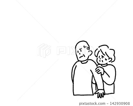 An elderly man and woman huddled together as if to protect each other (line drawing) An elderly man and woman huddled together as if to protect each other (line drawing) 142930908