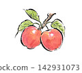 A watercolor-style illustration of an apple in the style of a picture postcard. 142931073