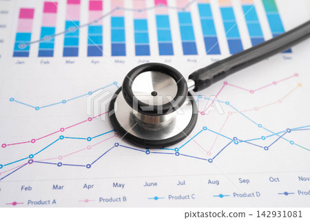 Stethoscope on chart or graph paper, Financial, account, statistics and business data medical health. Stethoscope on chart or graph paper, Financial, account, statistics and business data medical health. 142931081