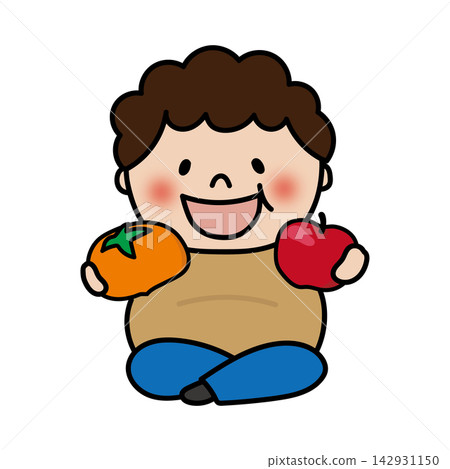A chubby, curly-haired boy holding autumn fruit. A chubby, curly-haired boy holding autumn fruit. 142931150