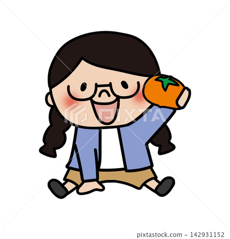 A bespectacled girl with braided hair holding autumn fruit. A bespectacled girl with braided hair holding autumn fruit. 142931152