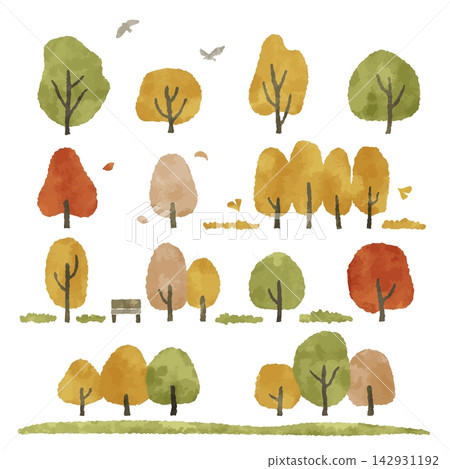 A set of simple and cute autumn-colored trees in a warm watercolor style vector illustration. A set of simple and cute autumn-colored trees in a warm watercolor style vector illustration. 142931192