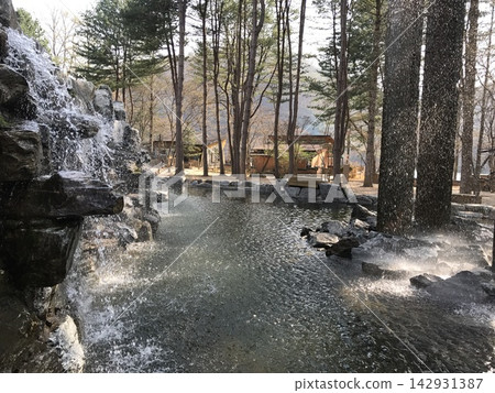 Rocky Waterfall and Pond with Pine Trees on Nami Island, South Korea Rocky Waterfall and Pond with Pine Trees on Nami Island, South Korea 142931387