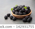 Blackberry in wooden plate on concrete backgrounds 142931755