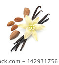 Vanilla pods with almonds nuts on white bacxkgrounds 142931756