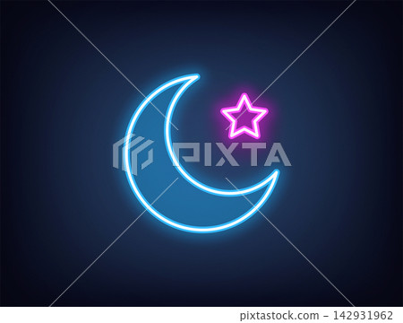 Outline neon crescent, blue magenta. Neon crescent with star, half moon icon. Crescent for Islamic holidays, Ramadan. Magic dream, moon phase and cycle, night and sleep time. Vector Outline neon crescent, blue magenta. Neon crescent with star, half moon icon. Crescent for Islamic holidays, Ramadan. Magic dream, moon phase and cycle, night and sleep time. Vector 142931962