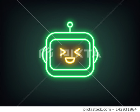 Outline neon laughing robot, green yellow. Neon chat bot with laugh face. Friendly virtual assistant with emotion, cute bot emoji with AI algorithms, chatbot technology, digital helper. Vector Outline neon laughing robot, green yellow. Neon chat bot with laugh face. Friendly virtual assistant with emotion, cute bot emoji with AI algorithms, chatbot technology, digital helper. Vector 142931964