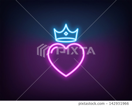 Outline neon king love, magenta blue. Neon royal heart with crown, kingdom of love. King or queen heart, royal love authority, amour empire, majestic heart with royal crown, donation. Vector Outline neon king love, magenta blue. Neon royal heart with crown, kingdom of love. King or queen heart, royal love authority, amour empire, majestic heart with royal crown, donation. Vector 142931966