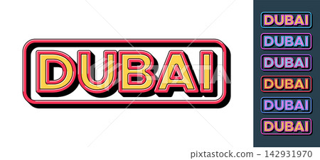 Text Dubai in 3D style, tourist city in UAE. Dubai city, framed text icon set. Isolated word Dubai with isometric letters in pop art style for graphic design, vector set Text Dubai in 3D style, tourist city in UAE. Dubai city, framed text icon set. Isolated word Dubai with isometric letters in pop art style for graphic design, vector set 142931970