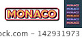Text Monaco in 3D style, small principality in south of France. Monaco city in Europe, framed text icon set. Isolated word Monaco with isometric letters in pop art style, vector set 142931973