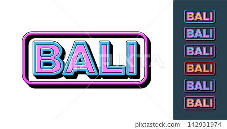 Text Bali in 3D style, tourist island of Indonesia. Bali Island in Malay Archipelago, framed text icon set. Isolated word Bali with isometric letters in pop art style for graphic design, vector set 142931974