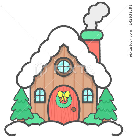 Cozy Christmas Log Cabin with Snow and Wreath Cozy Christmas Log Cabin with Snow and Wreath 142932191