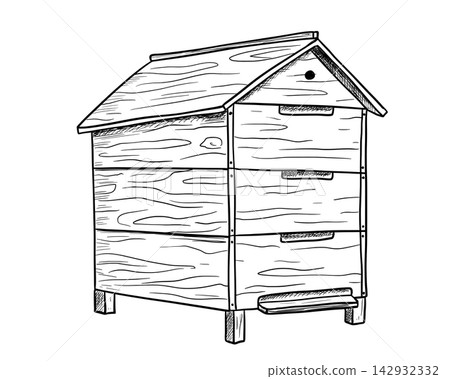 Beehive with wooden hive boxes and pitched roof in vintage line art style, black and white vector hand drawn isolated illustration Beehive with wooden hive boxes and pitched roof in vintage line art style, black and white vector hand drawn isolated illustration 142932332