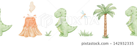 Cute baby dinosaur and volcano seamless border. Watercolour repeating nursery banner for kids. Colorful isolated illustrations 142932335
