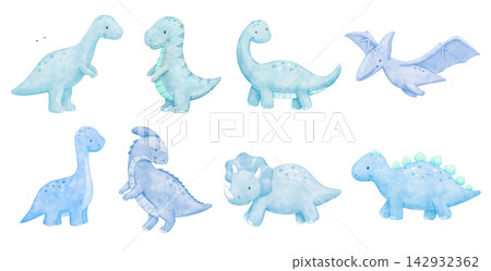 Cute cartoon blue dinosaur characters. Watercolour baby dino T-rex and triceratops for kids projects and childish nursery designs. Isolated illustrations set 142932362
