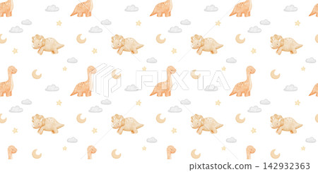 Cute baby dinosaurs watercolour seamless pattern. Repeating nursery hand painted background for textiles and paper. Backdrop with triceratops for kids, girls Cute baby dinosaurs watercolour seamless pattern. Repeating nursery hand painted background for textiles and paper. Backdrop with triceratops for kids, girls 142932363