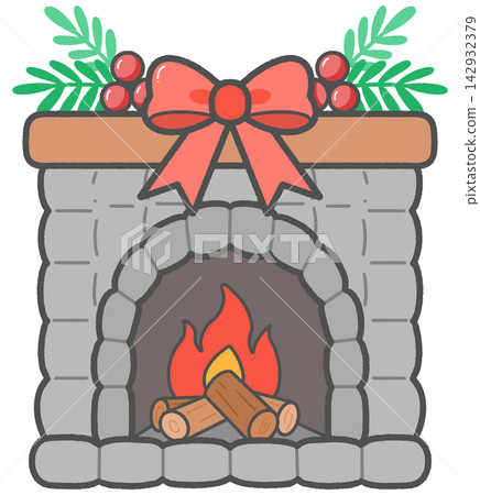 Cozy Christmas Fireplace with Ribbon Bow Cozy Christmas Fireplace with Ribbon Bow 142932379
