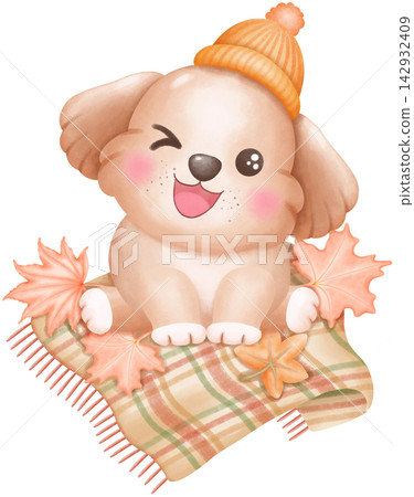 Fall dog autumn leaves watercolor art Fall dog autumn leaves watercolor art 142932409