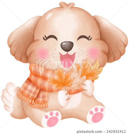 Fall dog wearing scarf watercolor illustration Fall dog wearing scarf watercolor illustration 142932411