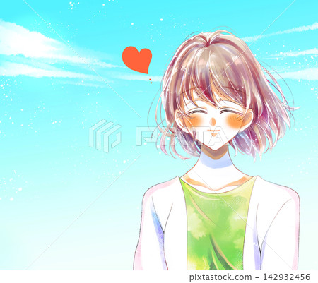 Woman, beaming smile, close-up of her bust, love, blue sky Woman, beaming smile, close-up of her bust, love, blue sky 142932456