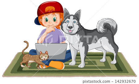 Young Girl Using Laptop on Rug with Husky Dog and Cat Young Girl Using Laptop on Rug with Husky Dog and Cat 142932670