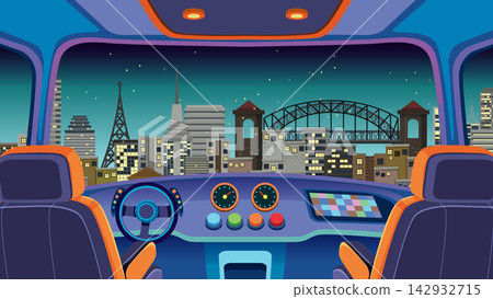 Futuristic Car Cockpit View of Modern City Skyline at Night Futuristic Car Cockpit View of Modern City Skyline at Night 142932715