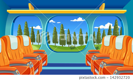 Futuristic Train or Plane Cabin Interior with Scenic Window View Futuristic Train or Plane Cabin Interior with Scenic Window View 142932720