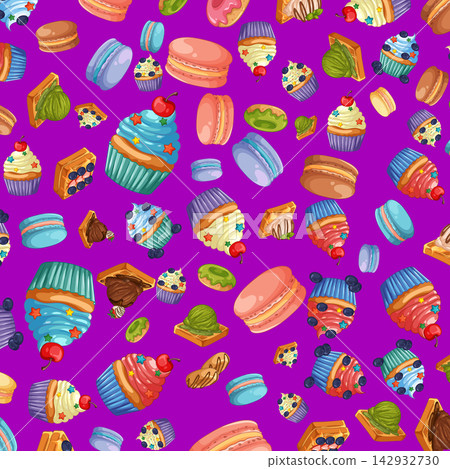 Seamless Vector Pattern of Colorful Cupcakes Macarons and Sweet Pastries Seamless Vector Pattern of Colorful Cupcakes Macarons and Sweet Pastries 142932730