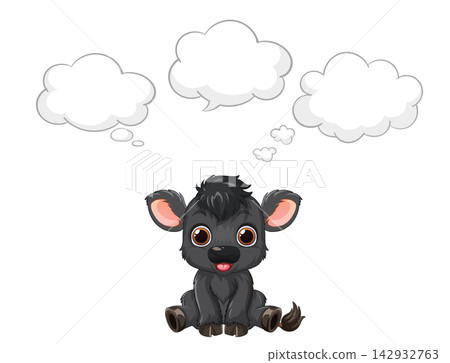Cute Cartoon Black Calf Sitting with Empty Thought Bubbles Cute Cartoon Black Calf Sitting with Empty Thought Bubbles 142932763